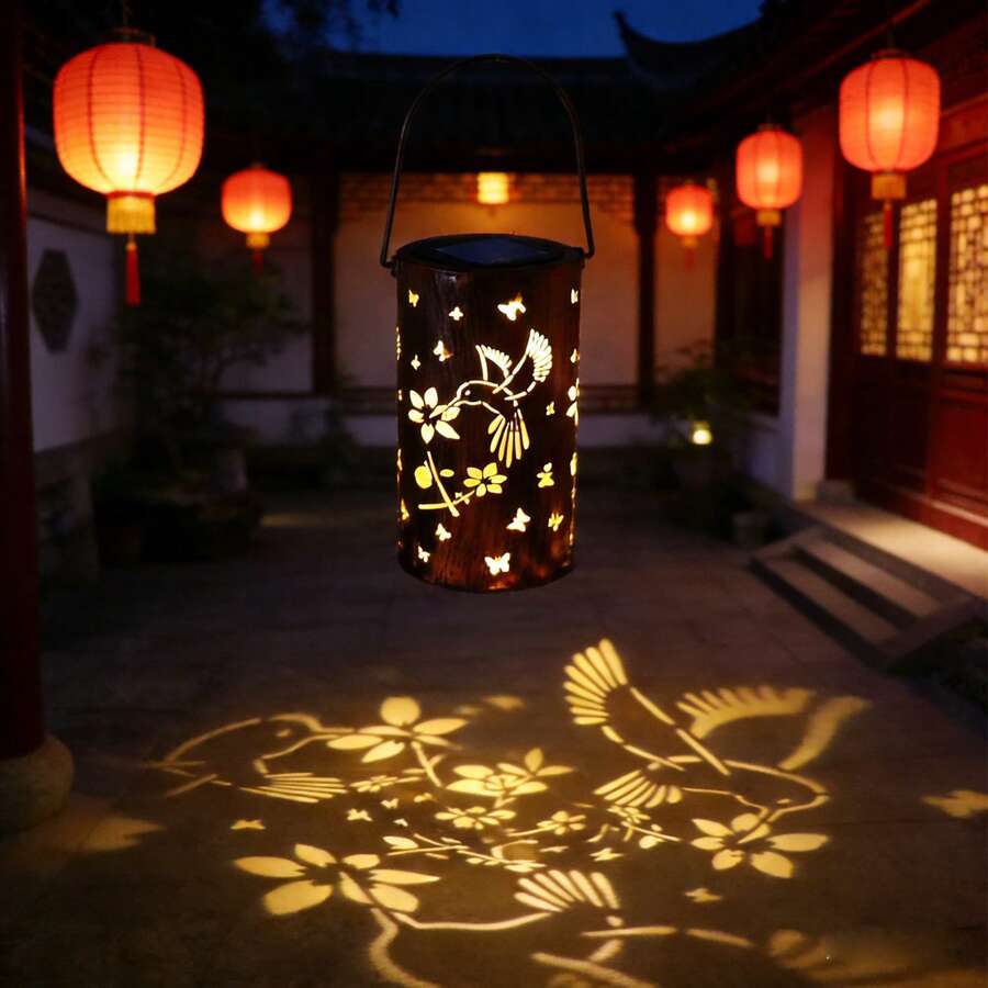 Vintage Iron Art Solar Lamp, Hollow Flower & Bird Design, Suitable For Ramadan, New Year, Valentine's Day Decor, Home/Camping, Great Gift For Family And Friends - Multicolor - View 1