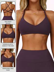 MFVIM 女士紫色运动文胸，交叉露背设计，性感无钢圈运动文胸，透气柔软弹力面料，适合通勤、户外、跑步、骑行、瑜伽、普拉提、健身房锻炼。 - 薰衣草薄霧色 - 查看 7