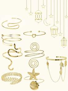 1pc Fashionable Creative Beach Vacation Metal Leaf Arm Cuff, Adjustable Geometric Spiral Starfish Seashell Bracelet, Jewelry Gift Suitable For Middle East Saudi Arabia Party - Gold - View 2