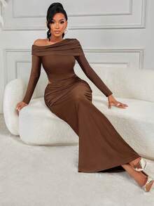 AIJ Amarilo Women's Off Shoulder Ruffle Trim Crop Top & High Waist Mermaid Maxi Skirt Two Pieces Set – Elegant Wedding Guest Attire, Perfect For Valentine's Day Date Nights, Dinner Parties, Casual Outings & Vacations Spring - Brown - View 6