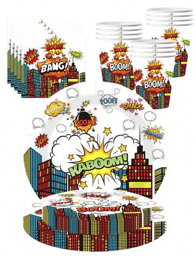 10 PCS Super Theme Hero Party Plates Napkins Hero Themed Party Tableware Hero Action Sign Disposable Paper Plates Cups Napkins Happy Birthday Party Decorations Supplies Favors For 10 Guests
