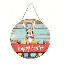 2D Décoration de Pâques en bois à suspendre (produit plat), conçue avec un lapin, une couronne et divers éléments floraux, formant une délicate décoration murale/de porte circulaire pour les fêtes de Pâques. - Multicolore - Voir 7