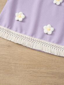 2pcs/Set Girls 3-7Y Sleeveless Top & Shorts Set, 3D Flower & Tassel Decor, Waffle Knit, Sweet Summer Outfit - Lilac Purple - View 8