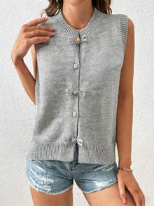 Minimalana 大码简约休闲新款圆领无袖纯灰色针织上衣，配中式青蛙扣，适合女性穿着，春夏无袖开衫毛衣，适合户外摄影、旅行和休闲穿着。 - 灰色 - 查看 8