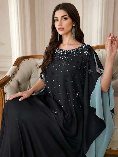 Women's Round Neck Contrast Color Design Pearl Detail Soft Comfortable Long Arabic Abaya, Suitable For Festivals, Daily Wear And Multiple Occasions