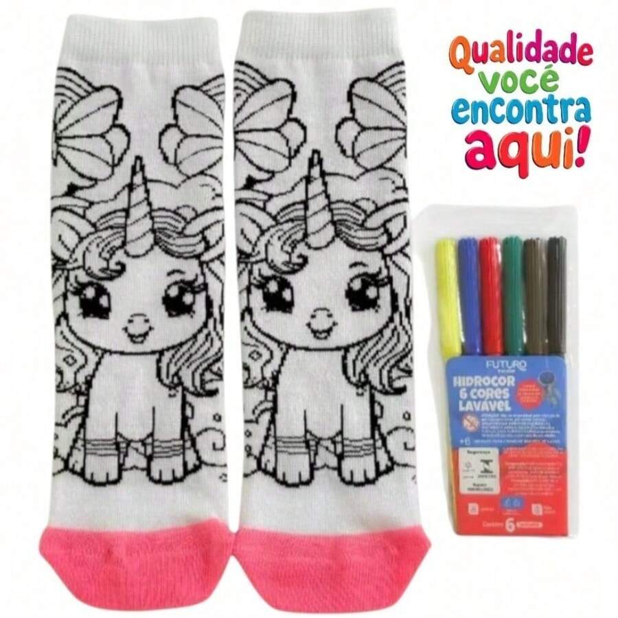 Meias Bob para Pintar – Meia Infantil de Colorir com Canetinhas Laváveis - Rosa chiclete - Visão 1