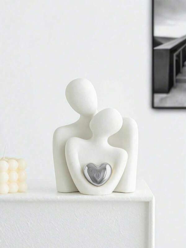 Modern Resin Embracing Lovers Statue, Decorated With Silver Heart, Romantic Gift For Valentine's Day, Suitable For Bedroom, Office, Living Room Decor