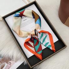 Women's  Floral Print Faux Silk Scarf, Colorful Square Silk Handkerchief, Elegant High-End Neck Scarf, Fashionable Accessory For Daily Wear & Special Occasions - 棕色花卉 - 查看 7
