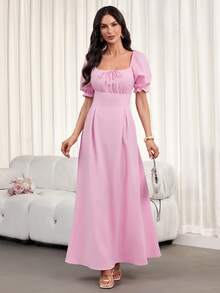 Elegant Long Dress For Women, Square Neckline, Lantern Short Sleeves, Pleats, Back Tie, Solid Color, Suitable For Autumn Wear.Summer Dress Elegant Dresses For Party - Pink - View 7