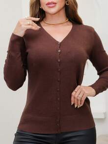 Women's Long-Sleeved Knit Blouse With Buttons, Lightweight Winter Cardigan, 3RD SD2071 - 鏽棕色 - 查看 2