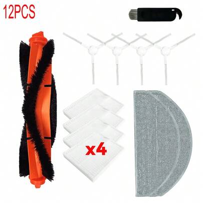 适用于小米扫地机器人 S20 E10 E12 B112 C103 米家 3C Plus / 3C Pro 的 12 件装配件备件套装 - 包括 1 个主刷、4 个边刷、4 个 HEPA 滤网、2 块拖布和 1 个清洁工具