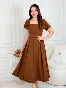 Women's Midi Dress With Bow On The Shoulder (Christian Style) - 棕色的 - 查看 1