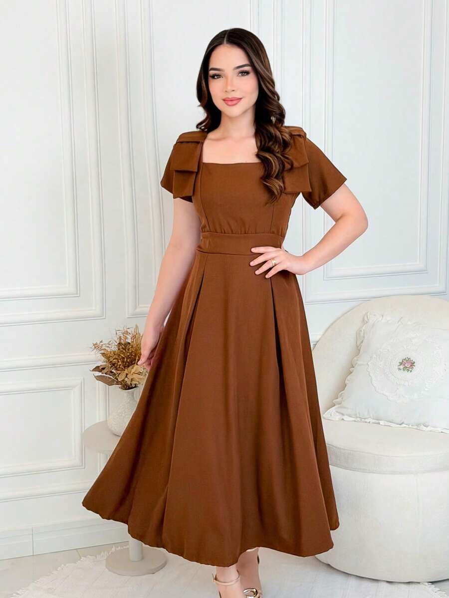 Women's Midi Dress With Bow On The Shoulder (Christian Style) - 棕色的 - 查看 1