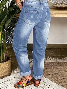 Single Breasted Distressed Rolled Hem Straight Leg Jeans - Light Wash - View 6