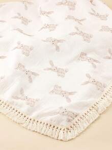 1pc Soft & Breathable Cute Rabbit Print Tasseled Bohemian Style Double-Layer Cotton Muslin Blanket, Swaddle, Stroller Cover, Bath Towel For Baby & Kids