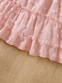 Young Girls' Jacquard Floral Pom Pom Trim Stand Collar Puff Sleeve Casual Dress, Spring/Summer - Pink - View 5