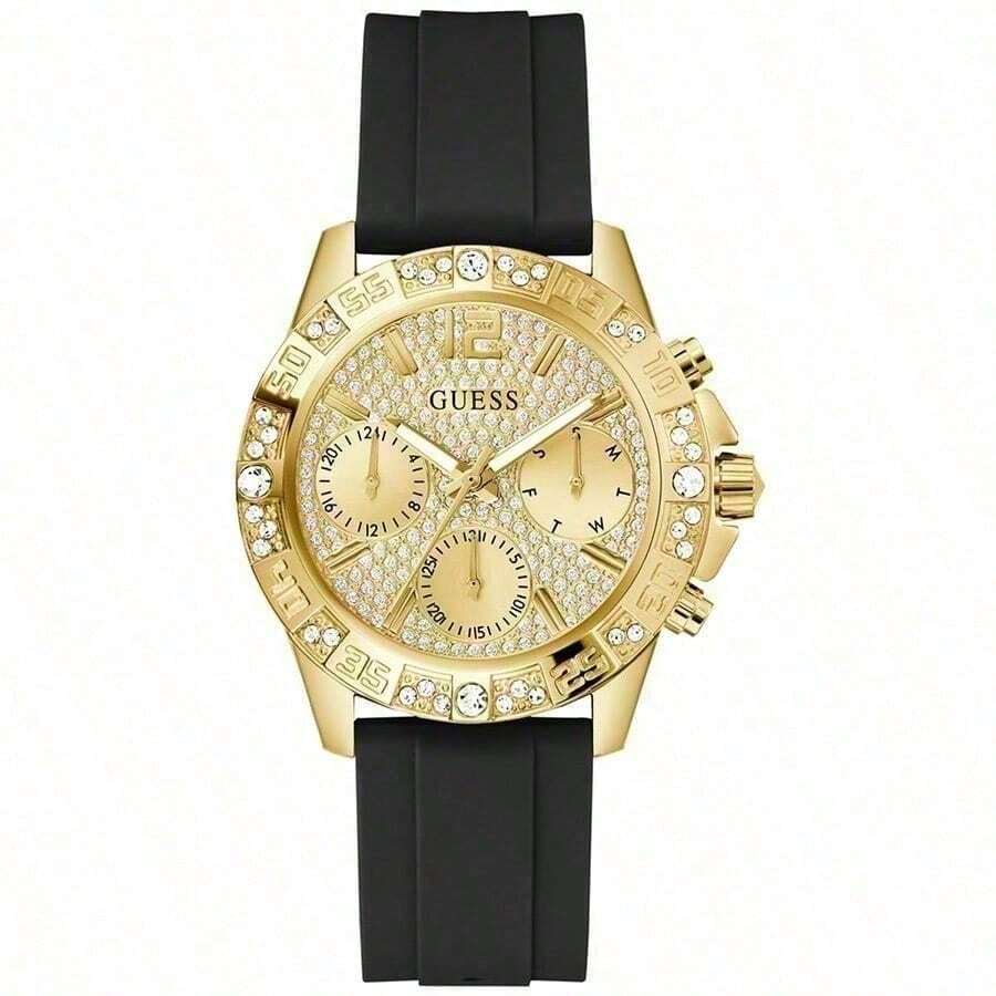 Guess Relógio de Luxo Feminino Dourado com Bezel Decorado com Cristais, Mostrador Multifuncional, Movimento de Quartzo, Relógio de Pulso Elegante e da Moda como Presente - Preto + Dourado Três Olhos - Visão 1