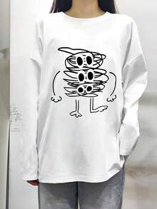 Women's Round Neck Long Sleeve T-Shirt, Spring/Autumn Versatile New Style Cartoon Puppy Pattern With Letter Print, Fashion Casual Loose Top - White - View 2