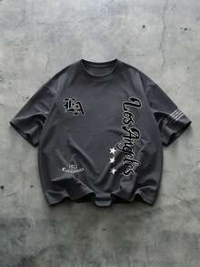 Men's Minimalist LA Star Print Round Neck Short Sleeve T-Shirt, Summer - Dark Grey - View 3