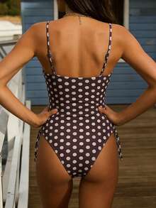 2026 New Fashion Polka Dot Side Ruched Tie-Up Vacation Party Style One-Piece Bikini Swimsuit For Women - Chocolate Brown - View 2