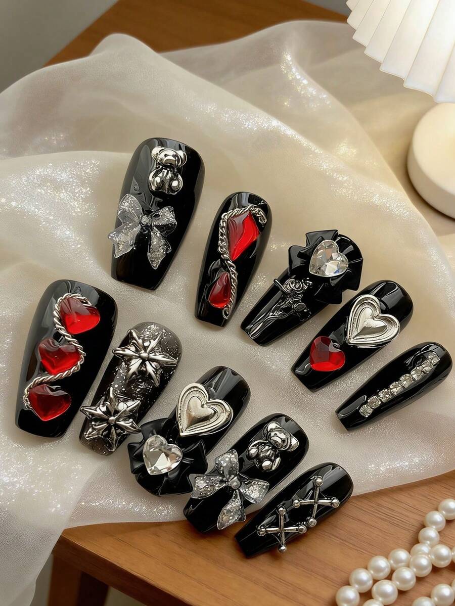 10pcs Valentine's Dark Baddie Style Long Coffin Nails, Handmade Exquisite Wearable Nails, Y2K Kawaii Small Bear Red Heart Crystal Nail Jewelry, Asymmetrical Chain, Bowknot Rhinestone Detachable Nail Art Decorations, Ballet Nail Elongates Fingers, Fashion Nail Accessories - Multicolor - View 1