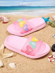 1双女童可爱爱心装饰平底休闲户外凉鞋，带后跟带，适合夏季穿着 - 粉色 - 查看 2