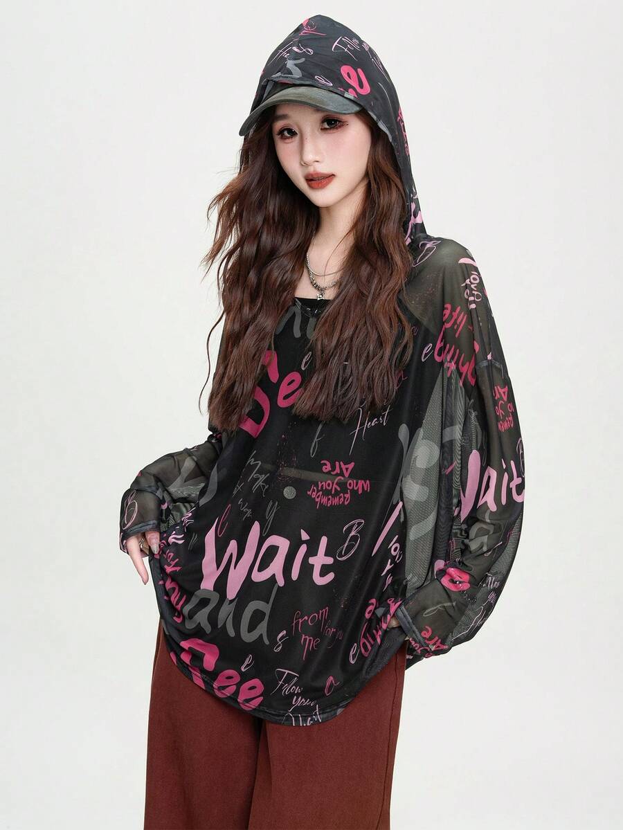 JUTU Black Hooded Loose Letter Print Fashionable Coverup, Stylish Breathable Mesh Casual Top For Summer 2026 Spring - 0B01 Black - View 1