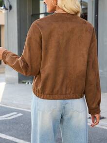 Ladies' Short Fashion Pilot Jacket, Round Neck With Pockets, Front Zipper, Long-Sleeved Spring Coat - Caramel Color - View 2