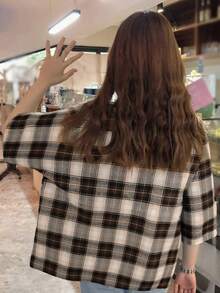 女士撞色格纹领春夏宽松单排扣休闲衬衫 - 棕色 - 查看 2