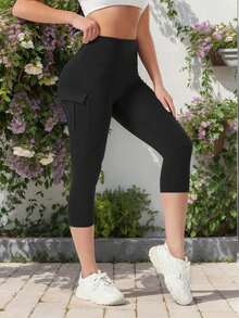 高腰修身喇叭瑜伽裤，带口袋，休闲宽松阔腿裤，女款 - 黑色 - 查看 4