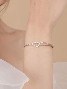 S925 Silver Hollow Heart Adjustable Bracelet, French Elegant, Gift For Women On Valentine's Day, Birthday, Comes With Delicate Gift Box