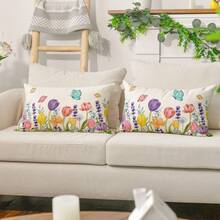 2件套春季花卉郁金香薰衣草桉树蝴蝶图案枕套，12 x 20英寸春季沙发靠垫套套装，单面图案，不含枕芯 - 彩色 - 查看 4