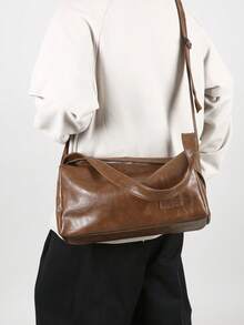 Men's Vintage Brown Soft Leather Shoulder Messenger Bag, Suitable For Commuting, Shopping, Party, Travel, Holiday, Gift, Boyfriend, Casual Daily Use - Brown - View 3