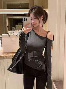 侧边系带开衩修身露肩褶皱抽绳不对称长袖T恤 - 灰色 - 查看 8