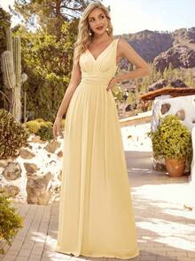 EVERPRETTY Elegant Chiffon V Neck Sleeveless Ruched Maxi Formal Butter Yellow Bridesmaid Dress For Spring Summer Wedding Graduation - Yellow - View 7