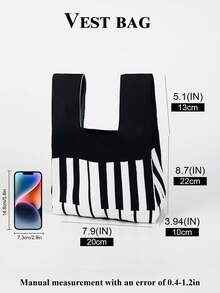 迷你轻便可折叠可爱蓝色树脂镂空透气撞色针织手提包腕包，适合度假、拍照、上学等场合，女士适用 - 黑與白 - 查看 2