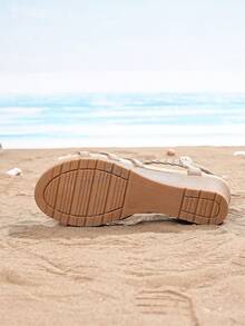 Giày sandal đế xuồng hở mũi đính đá lấp lánh dành cho nữ, thích hợp cho mùa hè. - Màu be - Xem 7