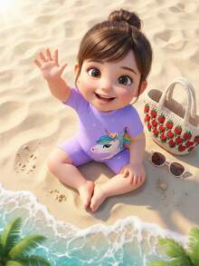 Young Girl Cute Cartoon Unicorn Printed Off-Shoulder Short Sleeve Swimsuit