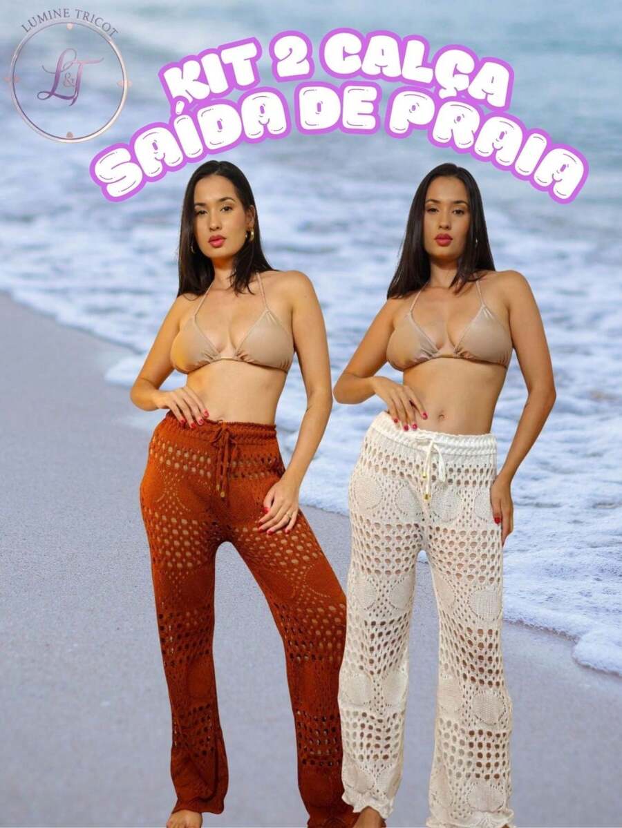 Kit 2 Calças Saída de Praia Tricot Crochê Pantalona Teladas Estilosa Moda Verão Confortavél