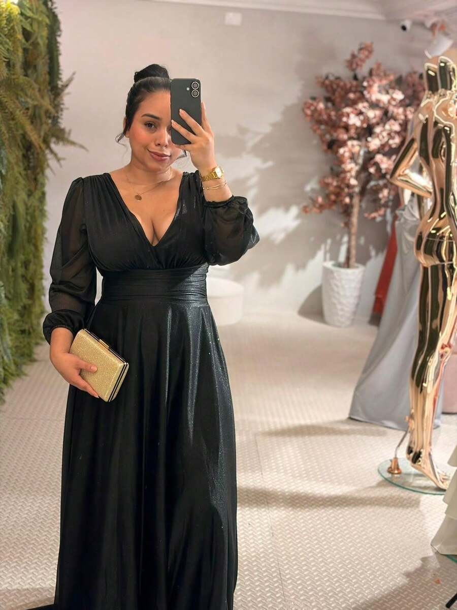 Long Tulle Dress For Weddings, Graduations, Bridesmaids, With Glitter And Long Sleeves. - màu đen - Xem 1