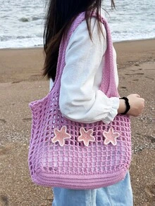 2026 Fashion Spring/Summer Women's Retro Vacation Style Beach Bag, Hand-Woven Shoulder Strap Crochet Large Capacity Bag, Foldable, Hollow Out Elegant Women's Tote Bag, Travel Essential, Suitable For Dating, Outings, Shopping, Vacation Must-Have, Cruise Essential, Perfect As A Mother's Day Gift, Valentine's Day Gift, Or Teacher's Day Gift. - Multicolor - View 3