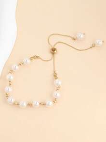 1pc Adjustable Cute Pearl Anklet, Fashionable And Popular, Suitable For Beach, Party, And Daily Wear - Gold - View 3