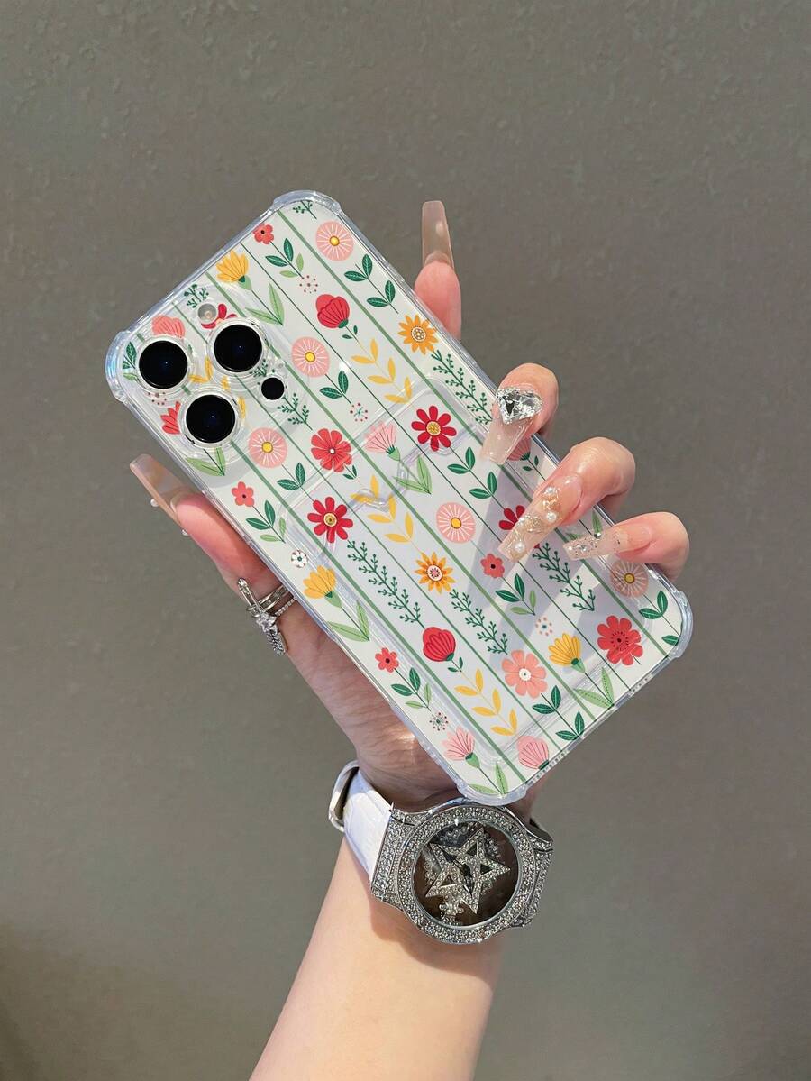 1pc Floral Pattern, Card Slot Transparent Shockproof Phone Case, TPU Material, Can Be Used As Holiday Gift, Holds Photos/Cards, Compatible With IPhone XS/XS Max/XR/11 12 13 14 15 16 Pro/Pro Max/14 15 16 Plus/17 - Clear - View 1