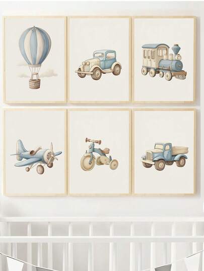 1pc Vintage Transportation Theme Canvas Wall Art Decor - Suitable For Children's Room - Blue Car, Airplane, Train, Hot Air Balloon - Baby Supplies - Framed Children's Room Wall Art - Perfect For Kids Room, Nursery, Preschool, Boys Room, Girls Bedroom, Nursery, Valentine's Day Decor