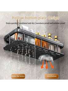 淋浴置物架，一体式粘胶淋浴架，带挂钩，无需钻孔，壁挂式，防锈，优质收纳空间，适用于浴室、厨房、储物架，黑色