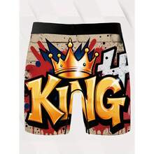 1Pc Men's King Graffiti Boxer Underwear With "KING" Crown Print & Graffiti Lettering Stretch Soft Polyester Boxer Briefs Valentines Gift Breathable Briefs Boxers Minimalist Comfort Boxer Underwear Christmas Birthday Anniversary New Year Gifts Wedding Gift For Men Boyfriend Husband - King - 查看 2