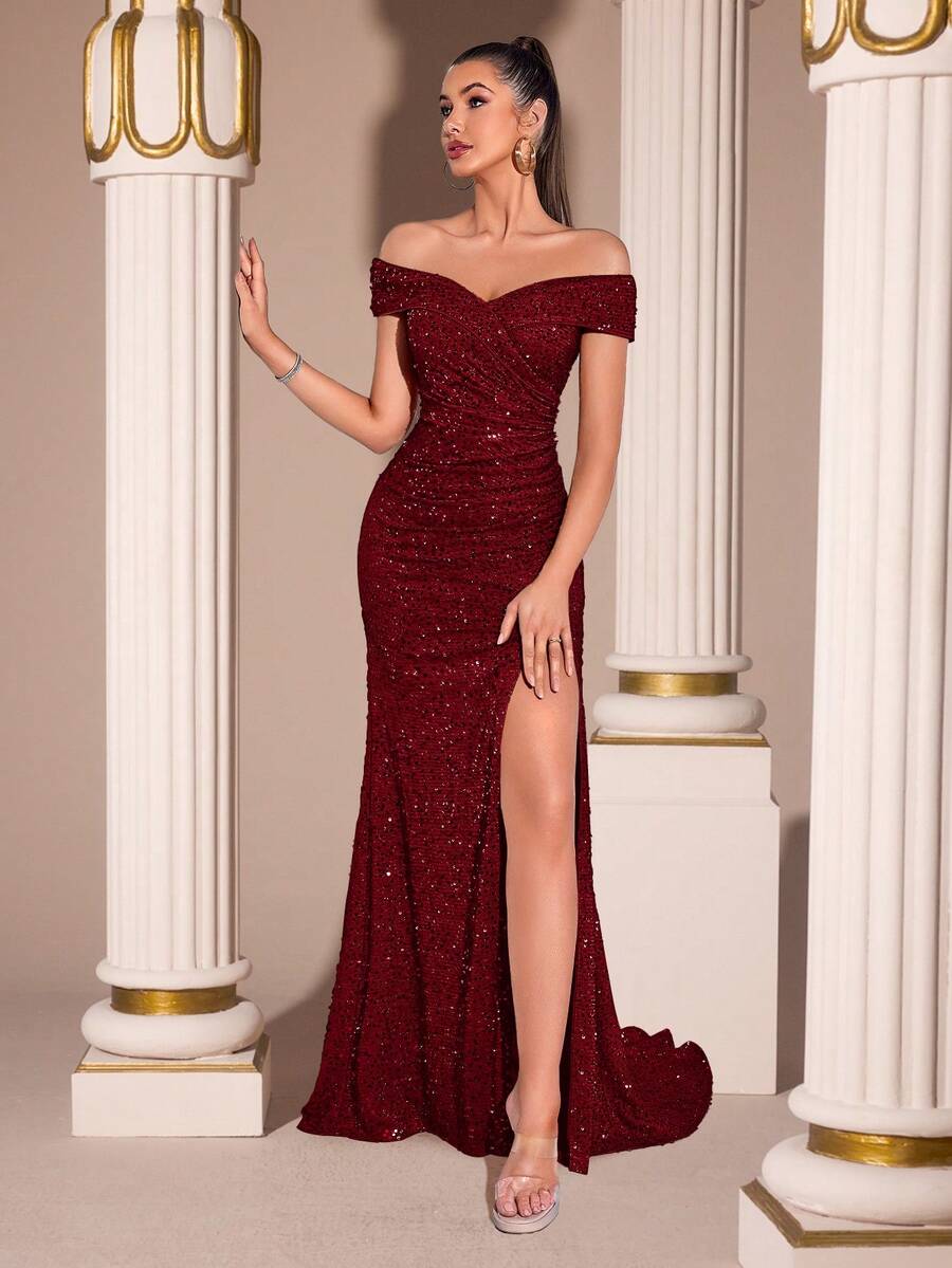 亮片优雅露肩交叉高腰褶裥高开衩露背曳地长裙，适合舞会、婚礼、盛大晚宴、返校节、约会之夜、正式晚宴、生日派对、节日庆典、家庭聚会等场合。 - 酒紅色 - 查看 1