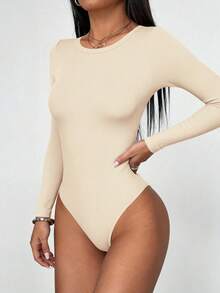 PRETTYGARDEN Women Spring Bodysuits For Long Sleeve Shirts Fitted Basic Ribbed Layering Bodys Tops Fall Fashion Winter Clothes Beige Vacation Rompers Outfits For Women - 米色 - 查看 4