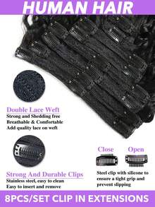 8pcs/Set Brazilian Remy Human Hair Extensions - Natural Black Water Wave Clip-In Full Head For Women, Long-Lasting & Durable, No Heat/Chemical Damage, Easy Application For Volume & Length, Hair Extensions For Women, Sleek Hairpiece 8-28 Inch - Natural Black - View 6