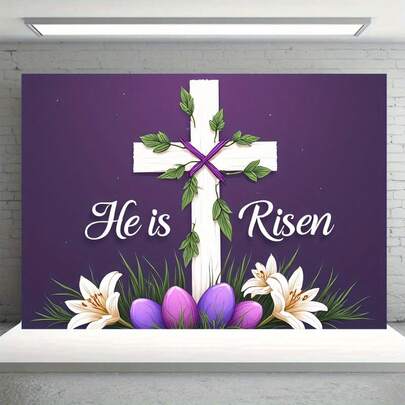 2D Flat 1pc Extra Large Jesus God Religious Background Banner - Polyester Easter Cross With "He Is Risen" Design, White Lilies And Greenery Purple Starry Night Background, Ideal For Indoor/Outdoor Church Events, Weddings, Birthdays, Anniversaries, All-Season Home Party Decor, Religious Decoration, Imagery, Elegant Typography, Versatile Decor